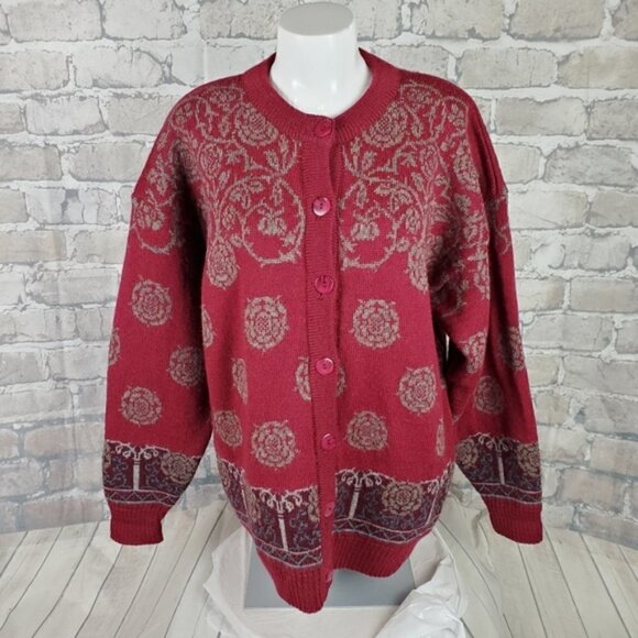 Vintage 80s Oversize Wool Cardigan Burgundy Size Large - Picture 1 of 11